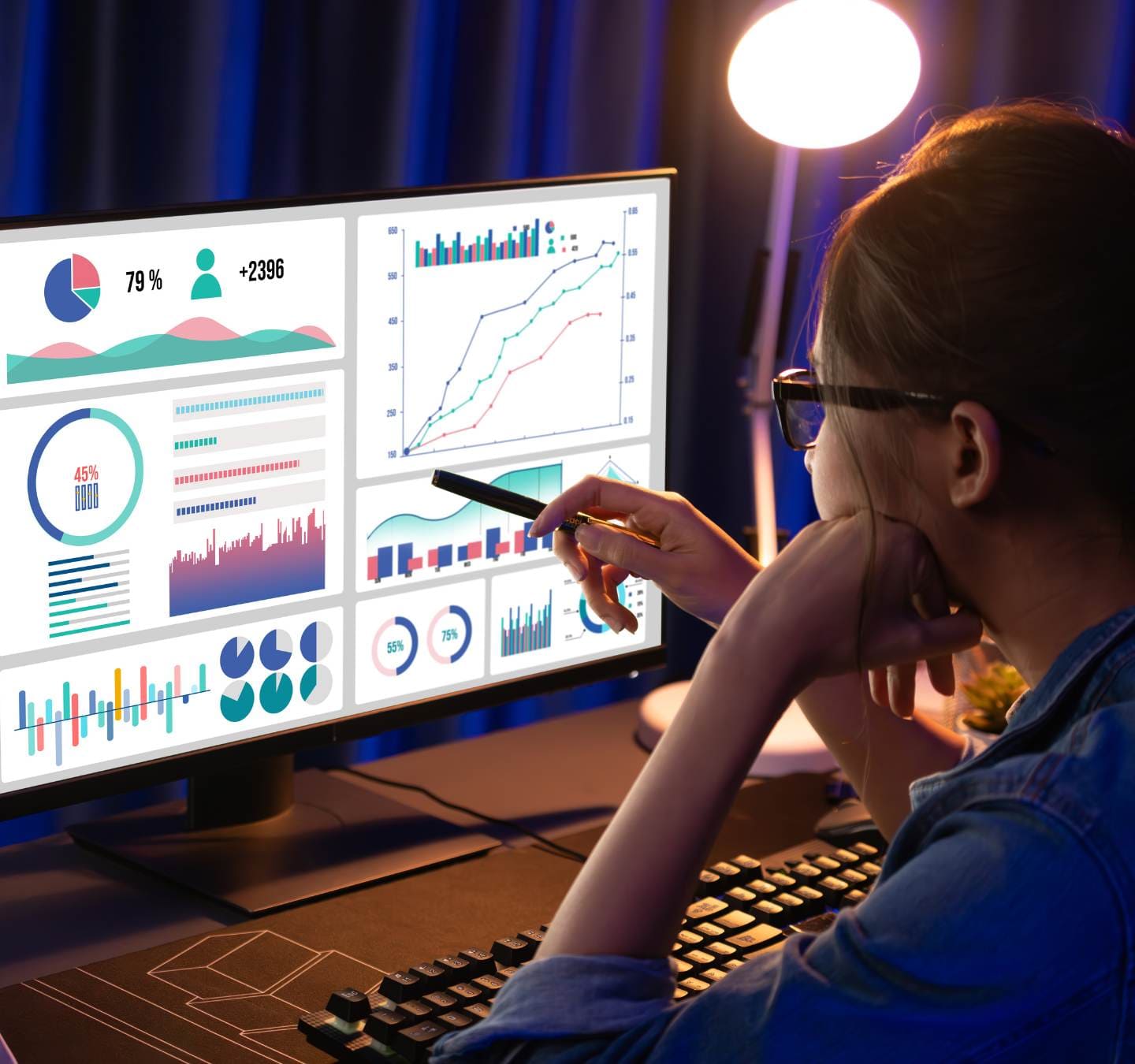 A woman analyzing hesalthcare SEO strategies for keyword research.