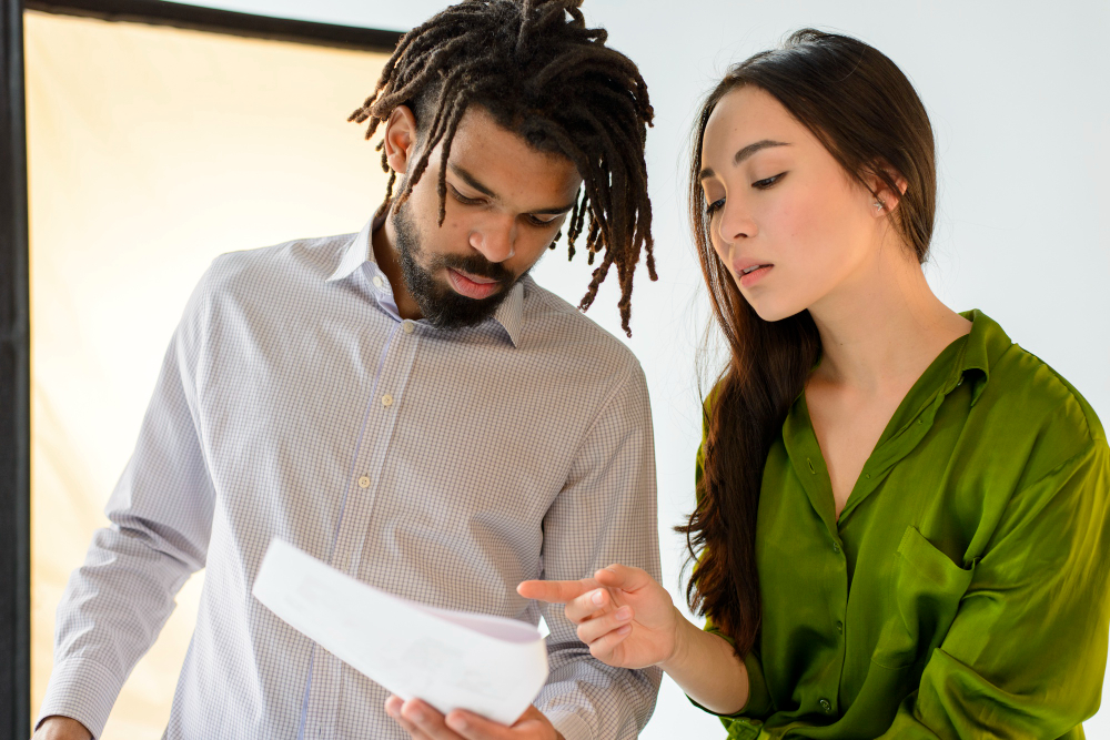 Business professionals reviewing documents while planning an SEO topic cluster strategy with Stodzy Internet Marketing
